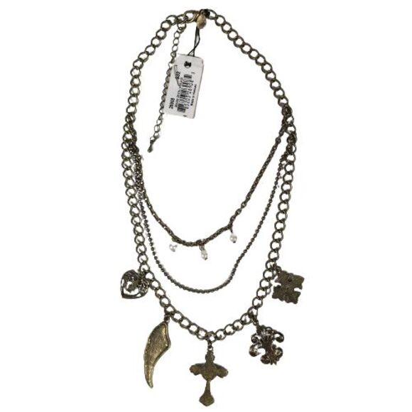 NWT Cookie Lee 3-Tiered Multi-Strand Charm Necklace w/Faux Pearls Crystals Glass - Picture 10 of 10